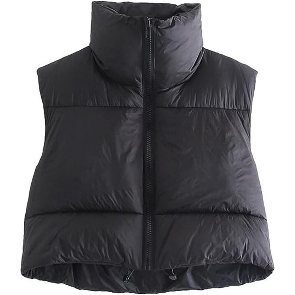 Women's Black Fashion High Neck Zipper Cropped Puffer Vest Jacket Coat Cardigan